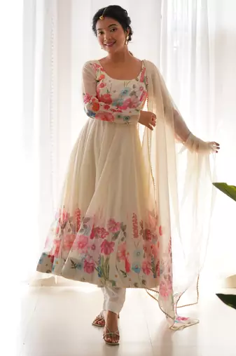 Wonderful cream floral printed organza traditional anarkali suit