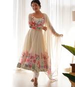 Wonderful cream floral printed organza traditional anarkali suit