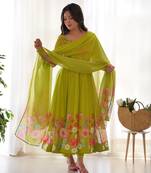 Liril green digital print embroidered organza silk kurta set