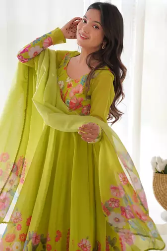 Liril green digital print embroidered organza silk kurta set