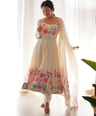Wonderful cream floral printed organza traditional anarkali suit 4