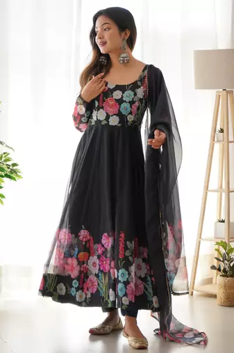 Black digital print embroidered organza silk set