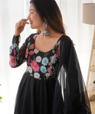 Black digital print embroidered organza silk set 3