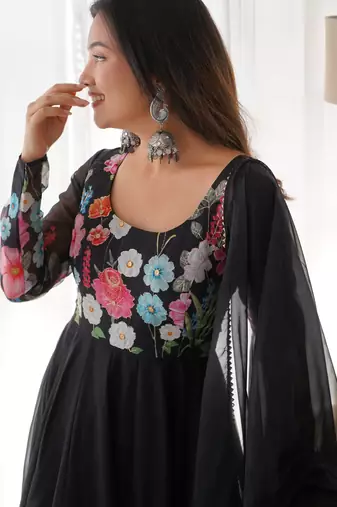 Black digital print embroidered organza silk set