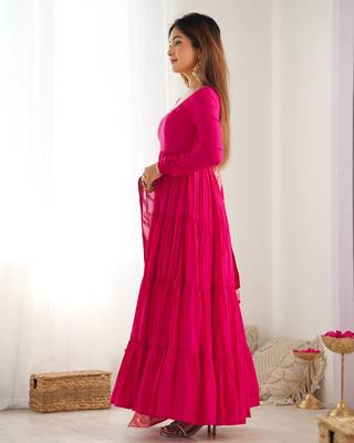 Rani pink pure roman silk ruffle style anarkali suit 3