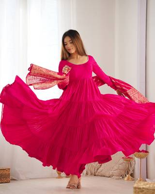 Rani pink pure roman silk ruffle style anarkali suit 4