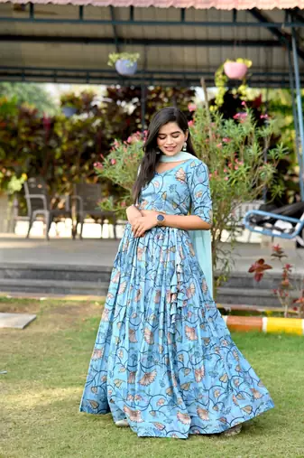 Sky Blue Chinnon Kurta Set with Printed Design & Sequins Lace Border Dupatta – Semi-Stitched Festive Outfit
