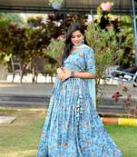 Sky Blue Chinnon Kurta Set with Printed Design & Sequins Lace Border Dupatta – Semi-Stitched Festive Outfit