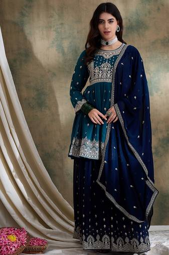 Green embroidered faux georgette anarkali style long choli readymade lehenga