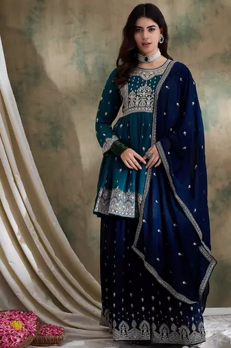 Green embroidered faux georgette anarkali style long choli readymade lehenga