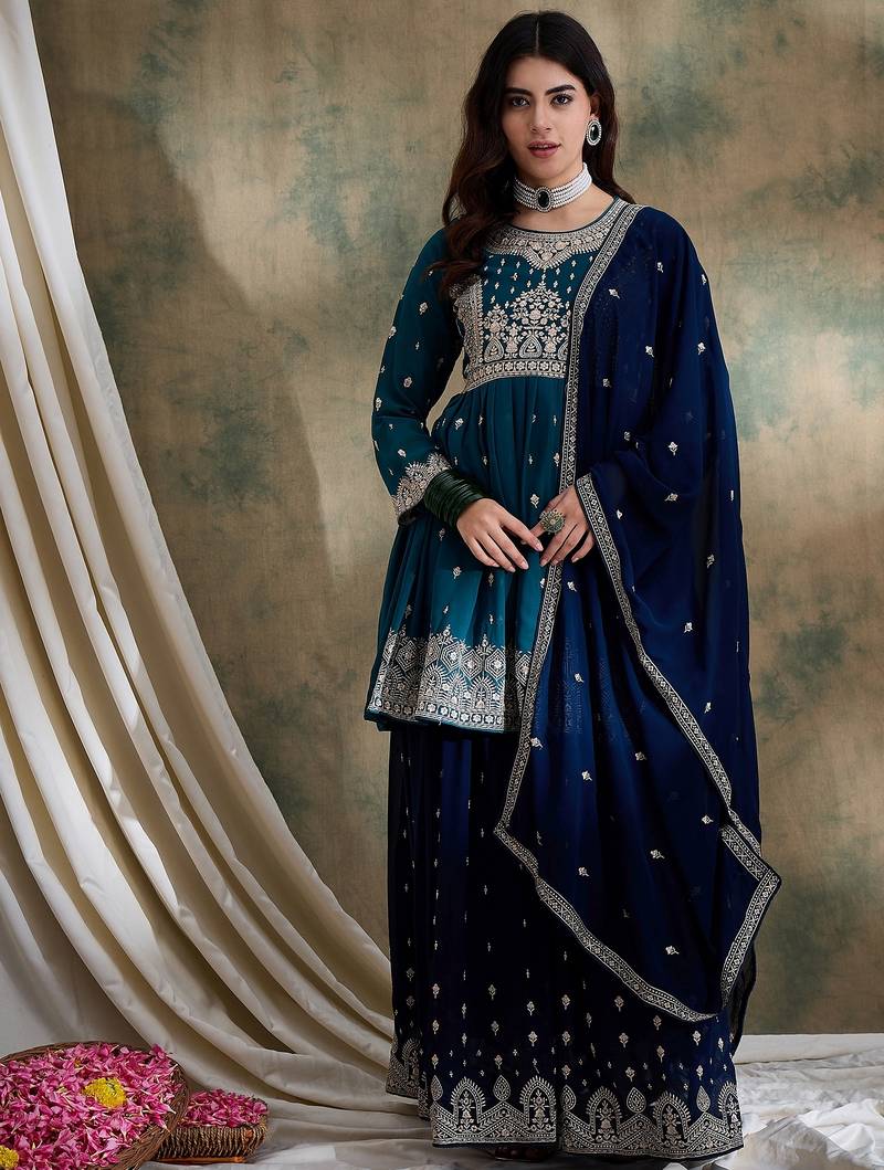 Green embroidered faux georgette anarkali style long choli readymade lehenga