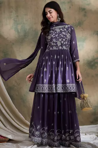 Purple Faux georgette anarkali style long choli readymade lehenga