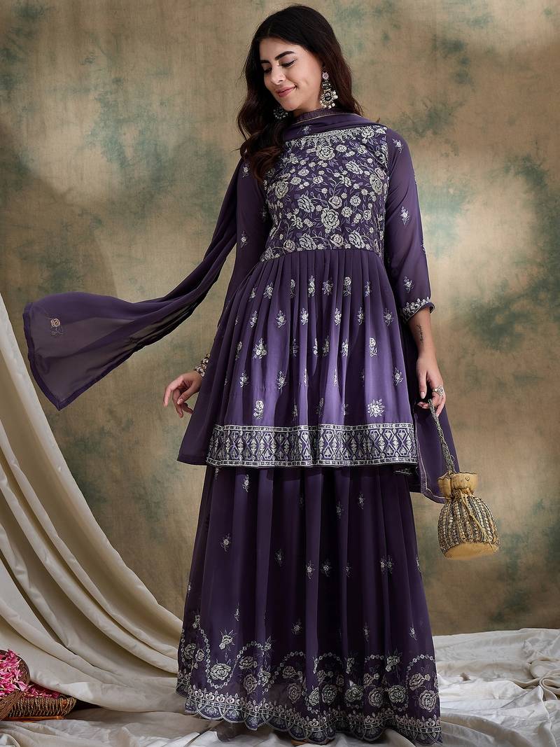 Purple Faux georgette anarkali style long choli readymade lehenga