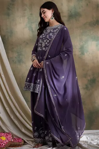 Purple Faux georgette anarkali style long choli readymade lehenga