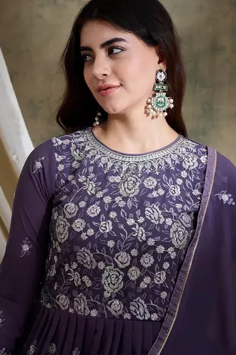 Purple Faux georgette anarkali style long choli readymade lehenga
