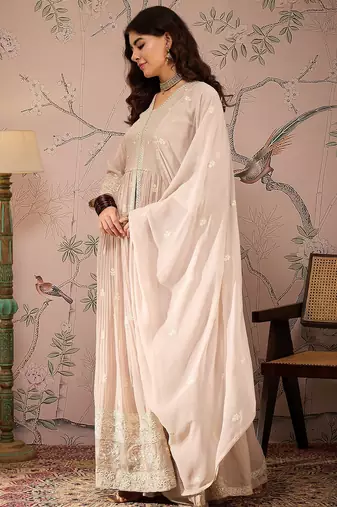 Peach Faux Georgette anarkali style long choli readymade lehenga