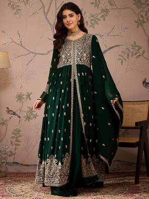 Green Faux Georgette anarkali style long choli readymade lehenga 2