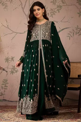 Green Faux Georgette anarkali style long choli readymade lehenga