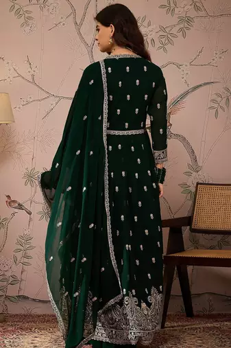 Green Faux Georgette anarkali style long choli readymade lehenga