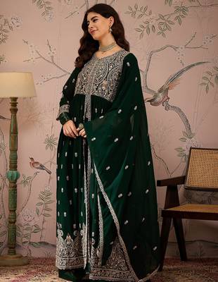 Green Faux Georgette anarkali style long choli readymade lehenga 1
