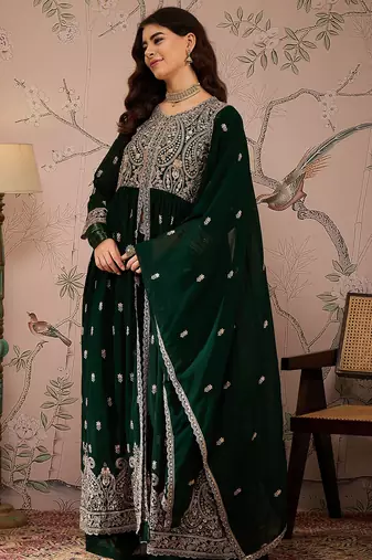 Green Faux Georgette anarkali style long choli readymade lehenga