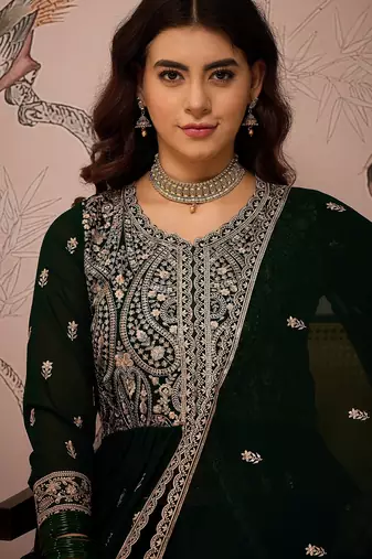 Green Faux Georgette anarkali style long choli readymade lehenga