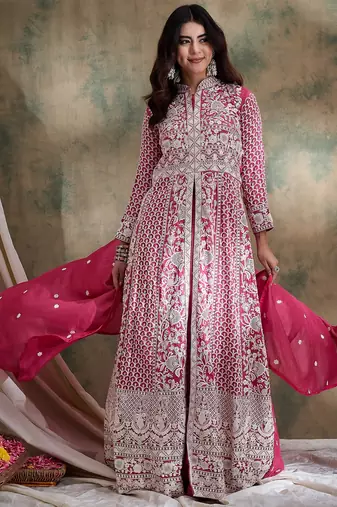 Pink Vichitra Silk anarkali style long choli readymade lehenga