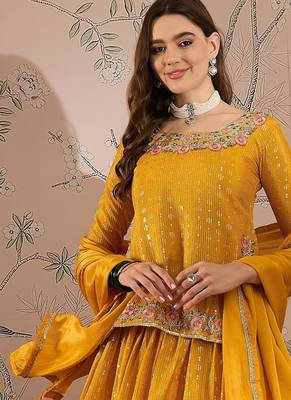 Yellow Chinon anarkali style long choli readymade lehenga 2