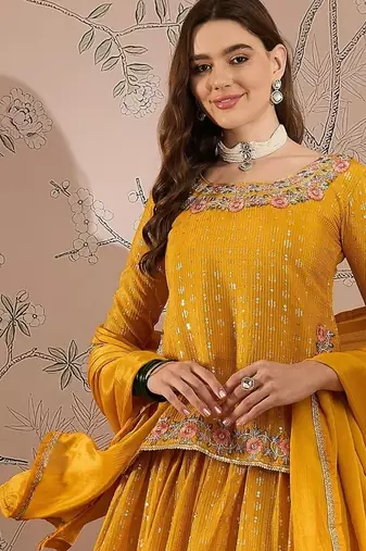 Yellow Chinon anarkali style long choli readymade lehenga