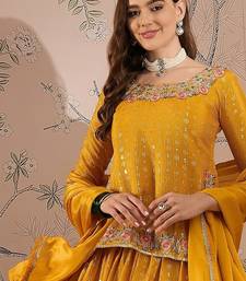 Yellow Chinon anarkali style long choli readymade lehenga