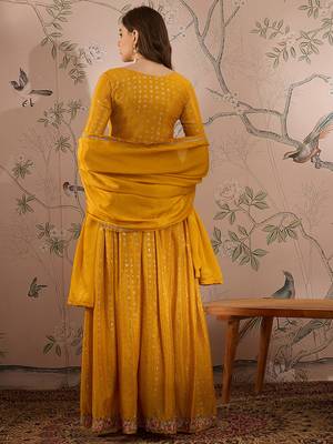 Yellow Chinon anarkali style long choli readymade lehenga 3