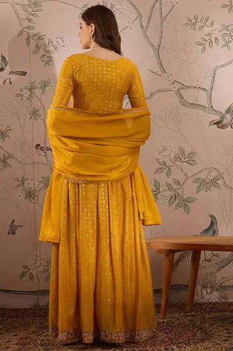 Yellow Chinon anarkali style long choli readymade lehenga