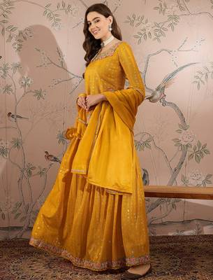 Yellow Chinon anarkali style long choli readymade lehenga 1