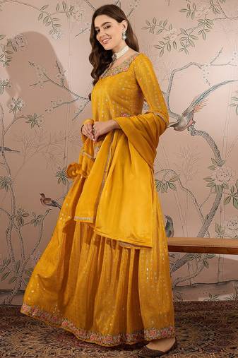 Yellow Chinon anarkali style long choli readymade lehenga