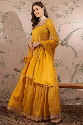 Yellow Chinon anarkali style long choli readymade lehenga