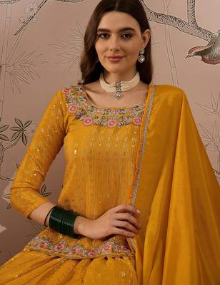 Yellow Chinon anarkali style long choli readymade lehenga 4