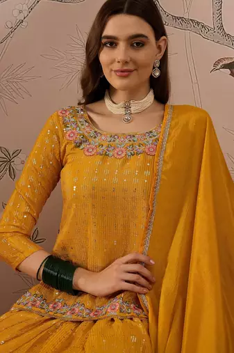 Yellow Chinon anarkali style long choli readymade lehenga