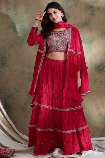 Pink Chinon anarkali style long choli readymade lehenga