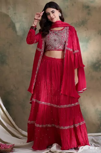 Pink Chinon anarkali style long choli readymade lehenga