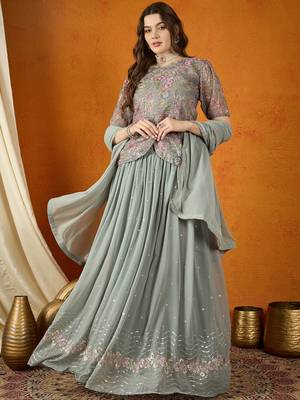 Grey Faux Georgette anarkali style long choli readymade lehenga 1