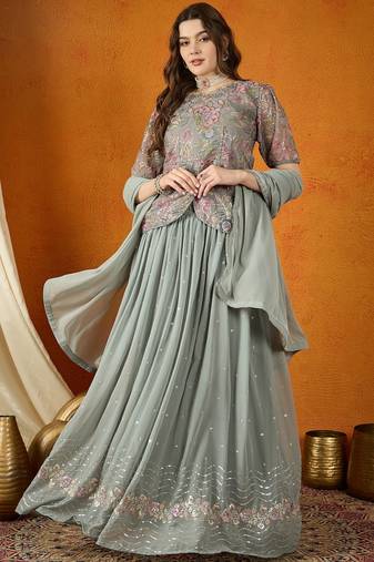 Grey Faux Georgette anarkali style long choli readymade lehenga