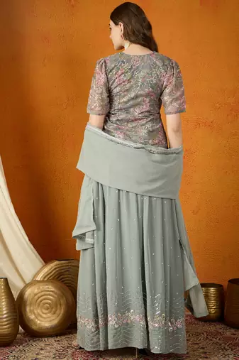 Grey Faux Georgette anarkali style long choli readymade lehenga