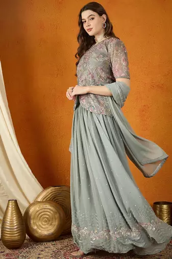 Grey Faux Georgette anarkali style long choli readymade lehenga