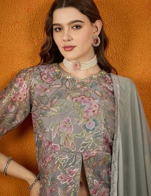 Grey Faux Georgette anarkali style long choli readymade lehenga 4