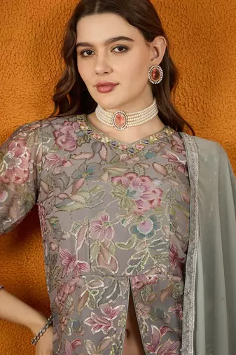 Grey Faux Georgette anarkali style long choli readymade lehenga