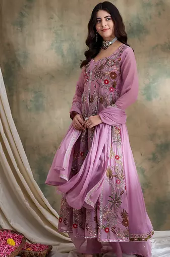 Pink Vipro Silk anarkali style long choli readymade lehenga