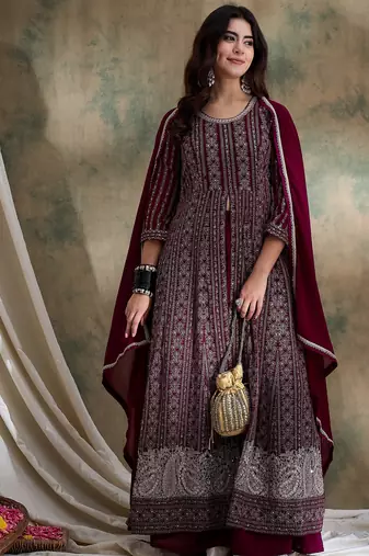 Purple Faux Georgette anarkali style long choli readymade lehenga