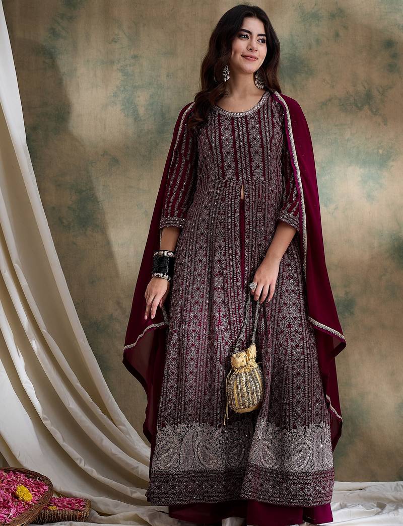 Purple Faux Georgette anarkali style long choli readymade lehenga