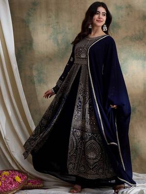 Blue Chinon anarkali style long choli readymade lehenga 1
