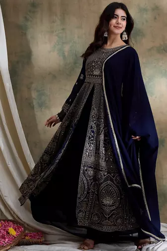 Blue Chinon anarkali style long choli readymade lehenga